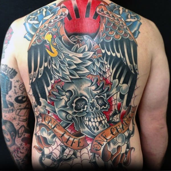 Skull With Eagle Traditional Back Mens Tattoos