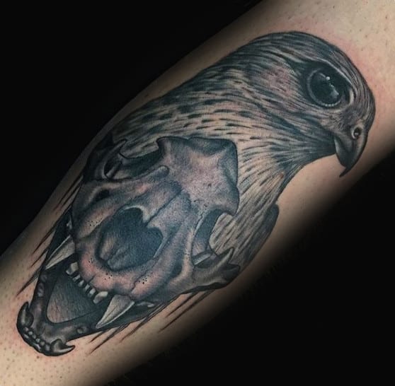 Skull With Falcon Mens Leg Calf Tattoos