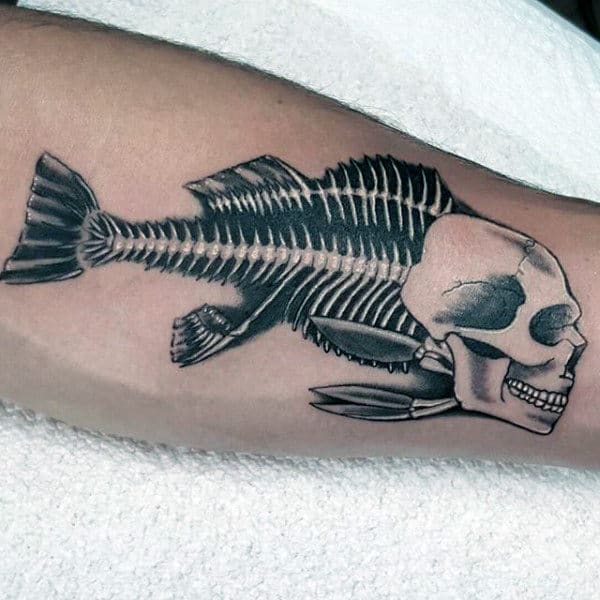 Skull With Fish Skeleton Mens White And Black Ink Inner Forearm Tattoos