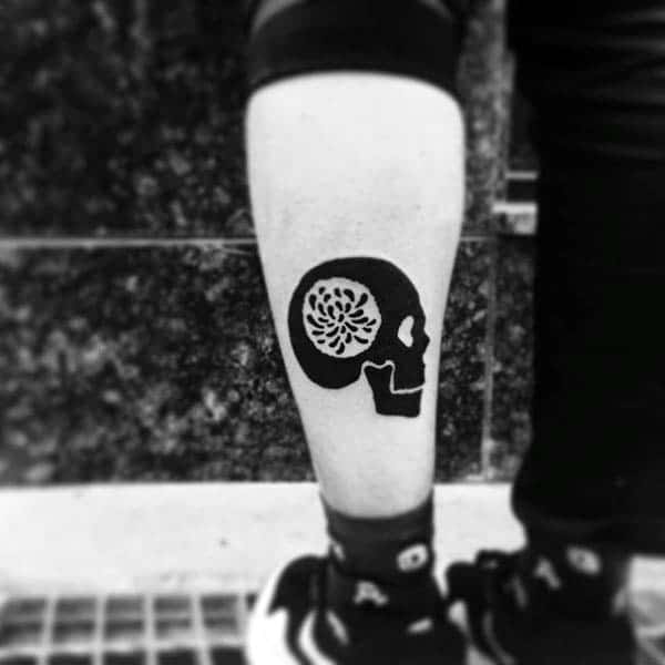 Skull With Flower Brain Silhouette Mens Lower Leg Tattoo Ideas