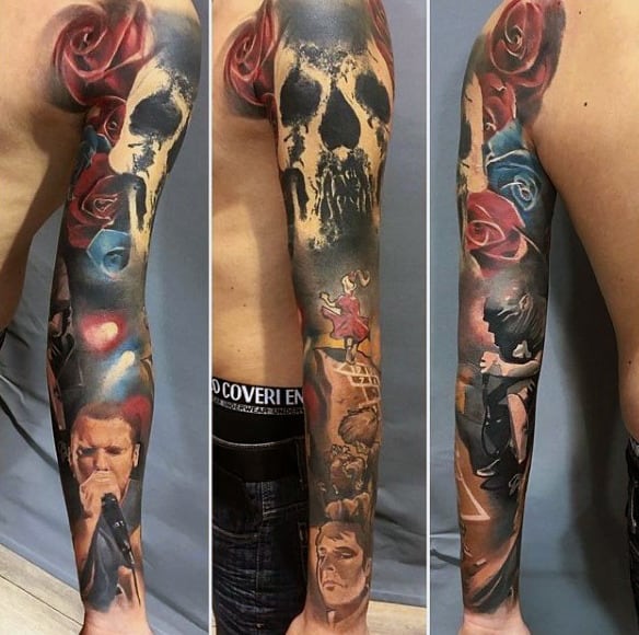 Skull With Flowers And Singer Music Sleeve Mens Full Arm Tattoos