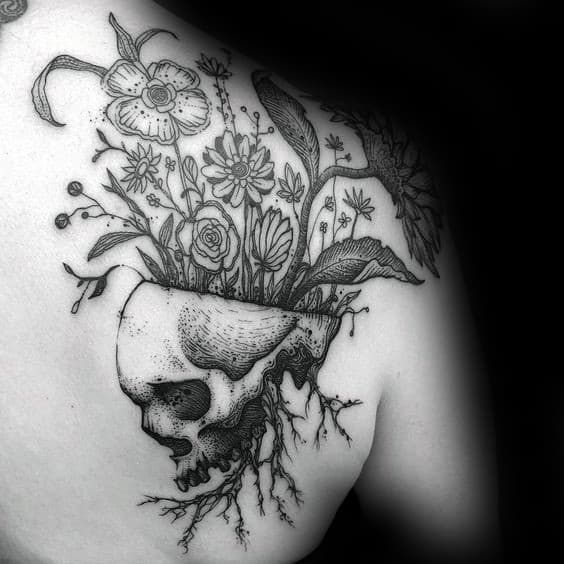 Skull With Flowers Growing Mens Life Death Shoulder Tattoos