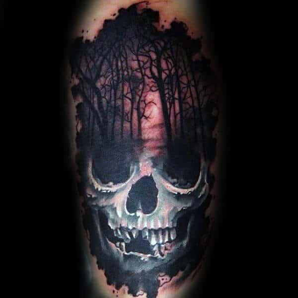 Skull With Forest Mens Arm Tattoo