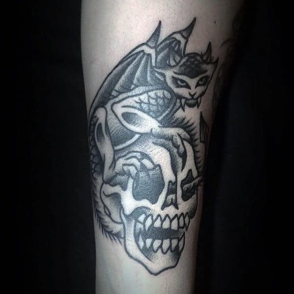 Skull With Gargoyle Traditional Old School Mens Tattoos