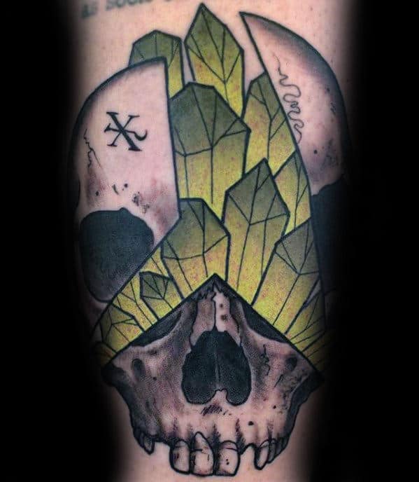 Skull With Green Crystals Guys Inner Forearm Tattoo
