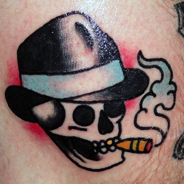 Skull With Hat And Cigar Small Simple Traditional Mens Tattoo Designs