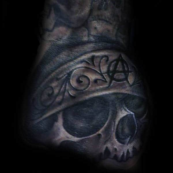 Skull With Headband Mens Hand Tattoos