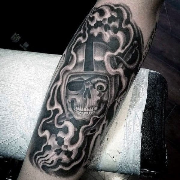 Skull With Helmet Oakland Raiders Mens Smoking Forearm Tattoos