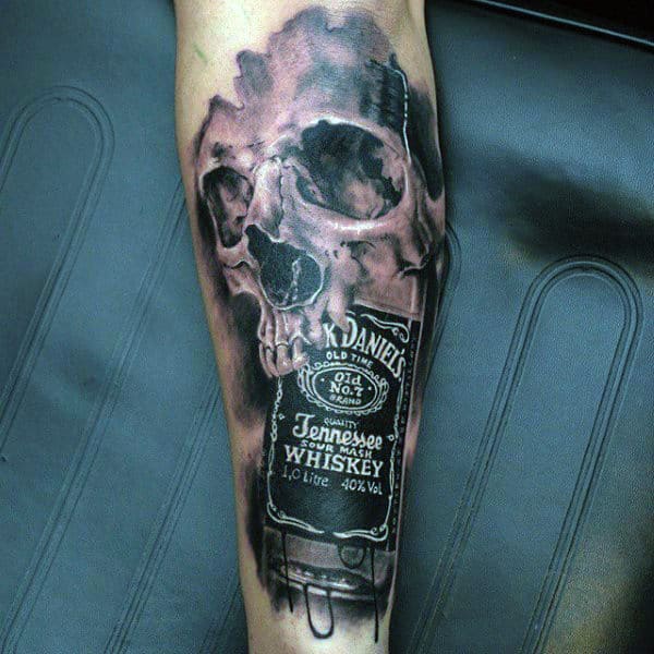 Skull With Jack Daniels Bottle Mens Leg Tattoo