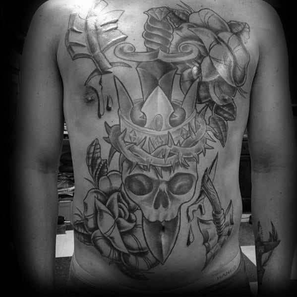 Skull With King Crown And Thorns Male Full Chest Tattoo Ideas