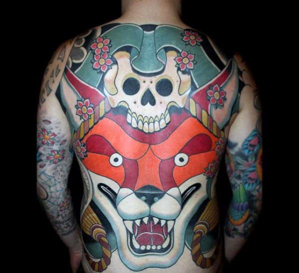 Skull With Kitsune Fox Head Guys Full Back Tattoos