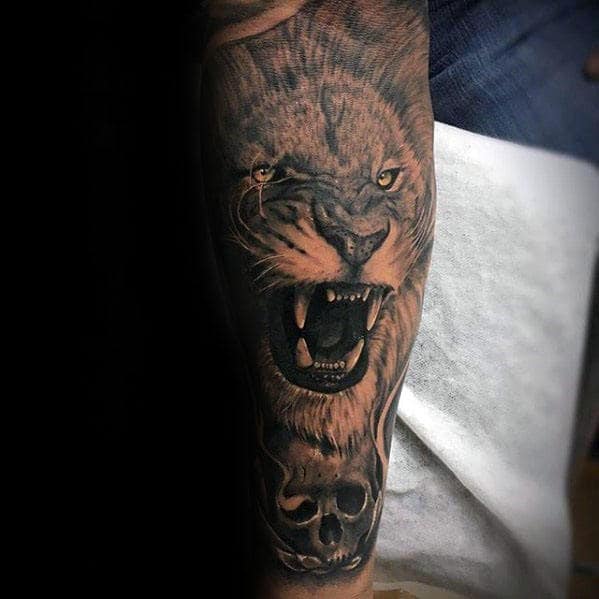 Skull With Lion Guys Realistic Forearm Sleeve Tattoo