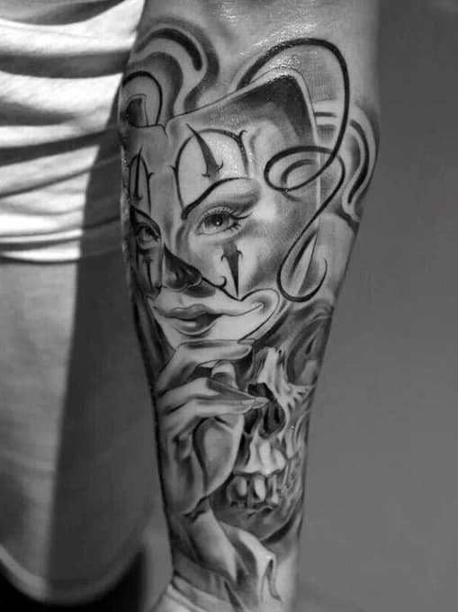 Skull With Mask Mens Inner Forearm Chicano Tattoo Ideas