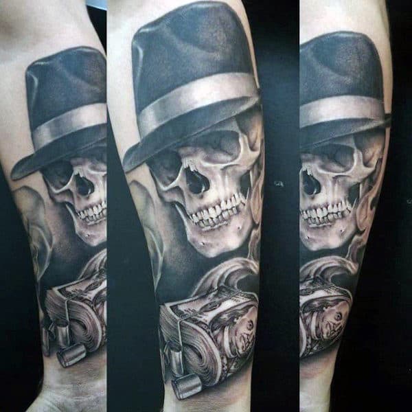Skull With Mobster Hat And Money Mens Gangster Forearm Tattoos