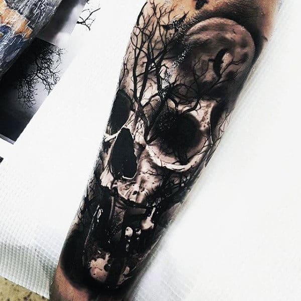 Skull With Moon And Tree Guys Realistic Forearm Tattoo