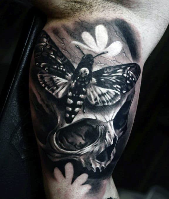 Skull With Moth Bicep Inner Arm Tattoos For Guys