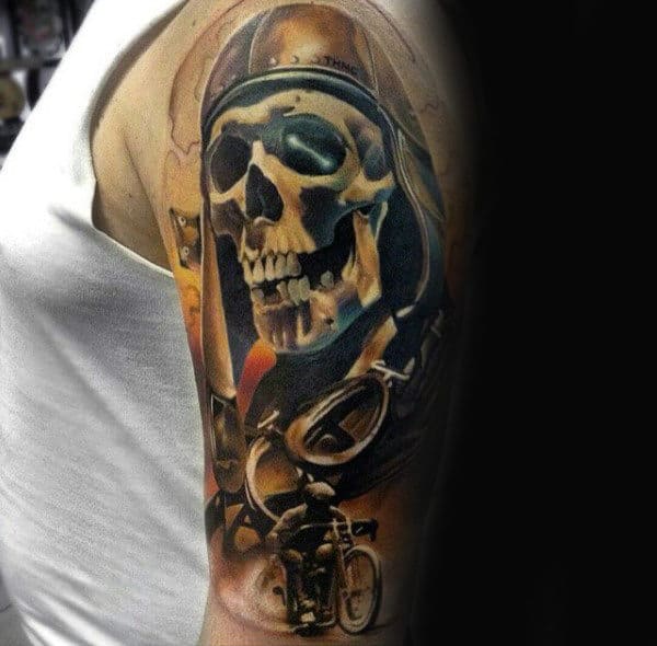 Skull With Motorcycle Biker Tattoos For Guys