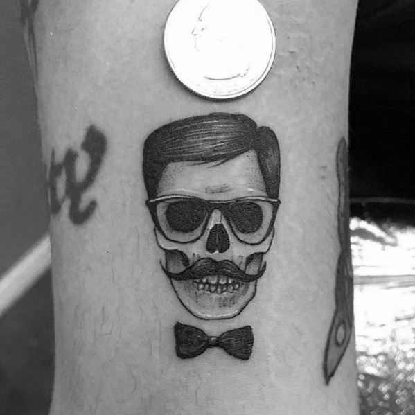 Skull With Mustache And Glasses Coolest Small Guys Leg Tattoo