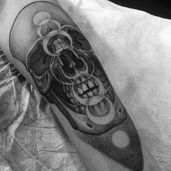 Skull With Negative Space Moon Phases Mens Dotwork Arm Tattoo