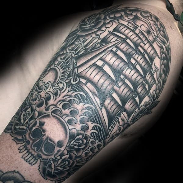 Skull With Ocean Waves Male Traditional Ship Arm Tattoo Designs