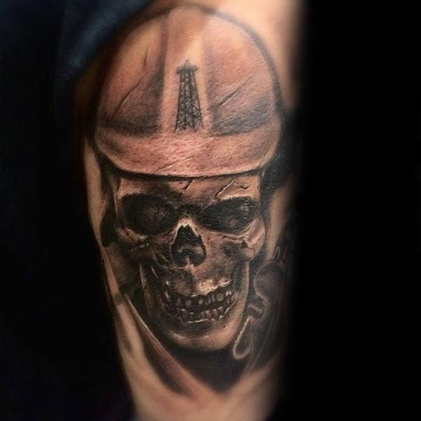 Skull With Oilfield Worker Helmet Mens Arm Tattoo