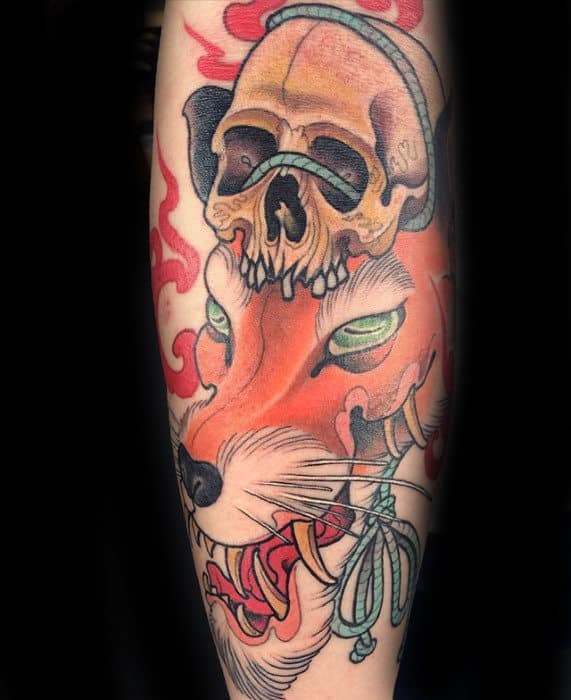 Skull With Orange Fox Kitsune Head Mens Inner Forearm Tattoo