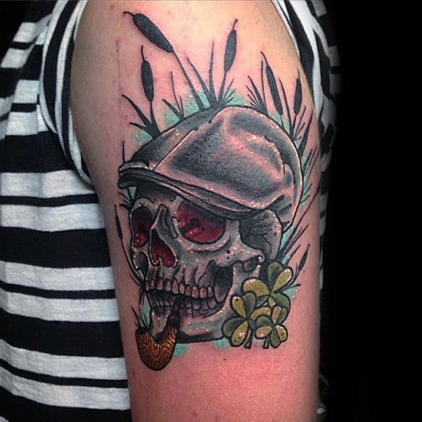 Skull With Pipe And Top Hat Shamrock Male Upper Arm Tattoos