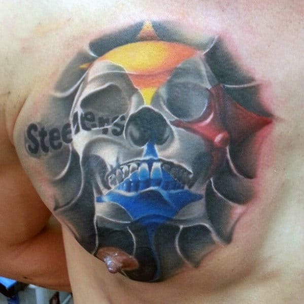 Skull With Pittsburgh Steelers Logo Mens Upper Chest Tattoos
