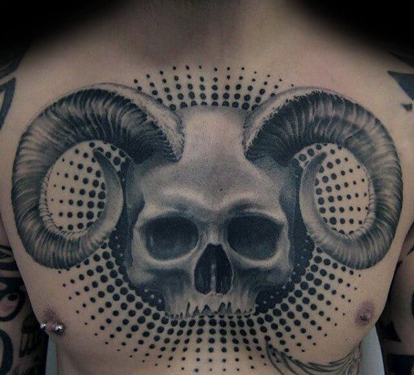 Skull With Ram Horns Mens 3d Chest Tattoo
