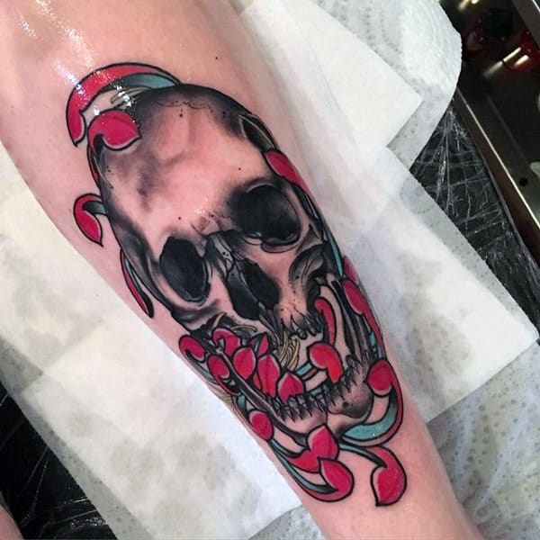 Skull With Red Flower Petals Shin Mens Tattoos