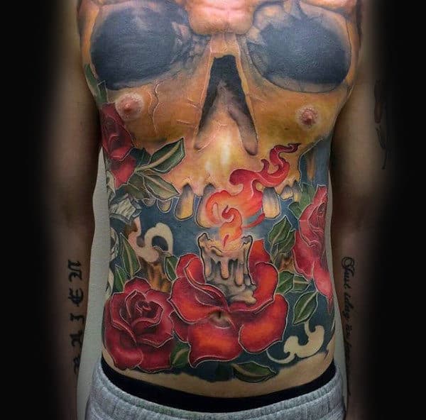 Skull With Rose Flower And Candle Mens Fire Chest Tattoos