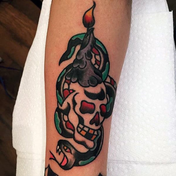 Skull With Skull And Candle Mens Traditional Forearm Tattoo