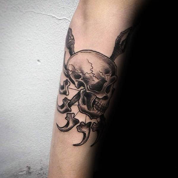 Skull With Spears Mens Outer Forearm Tattoos