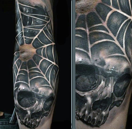Skull With Spider Web Negative Space Guys Elbow Tattoo Design Ideas