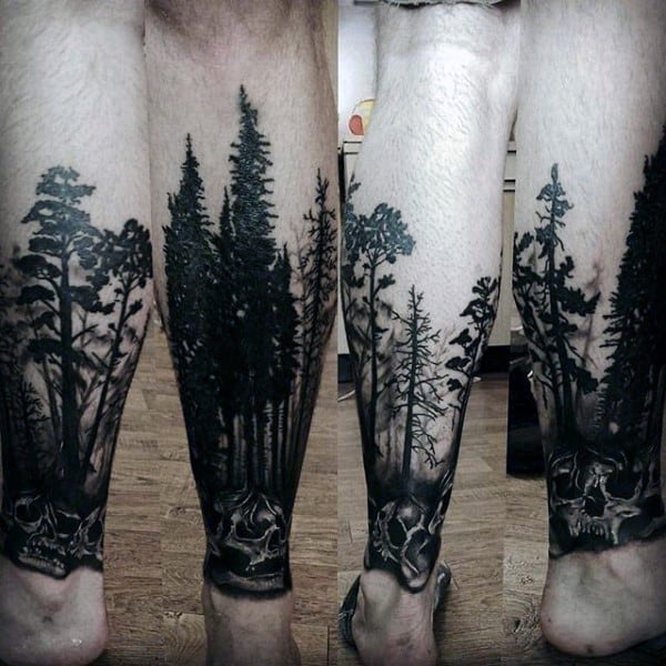 Skull With Trees Forest Tattoos For Men On Lower Leg