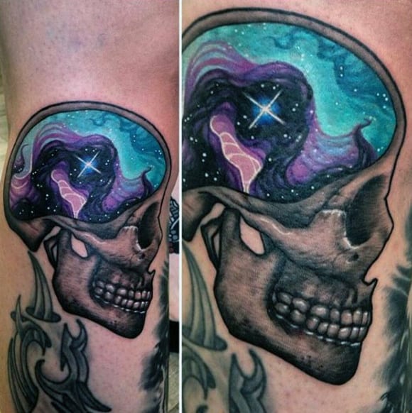 Skull With Universal Brain Tattoo On Arms For Guys