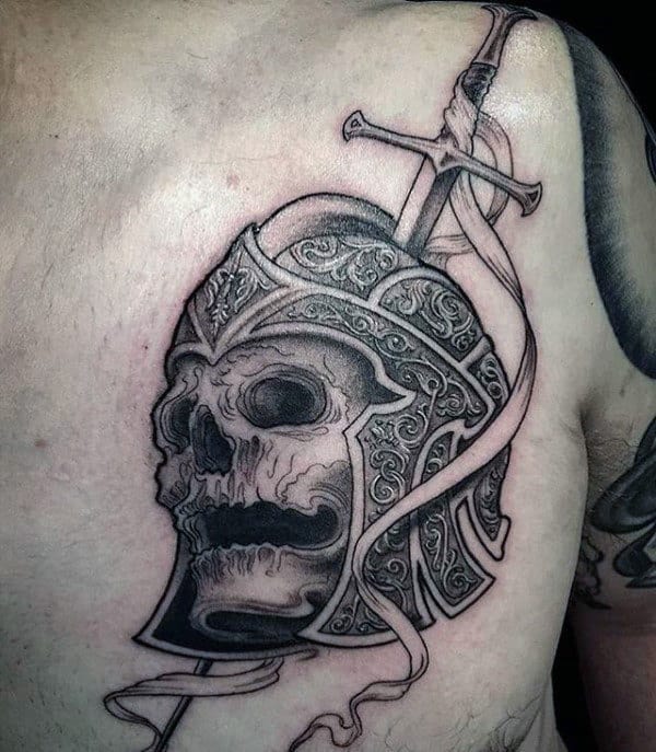 Skull With Warrior Helmet And Sword Original Male Chest Tattoos
