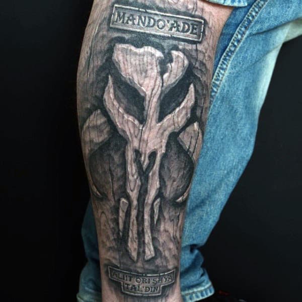 Skull Wood Carving Mens Leg Tattoo Designs