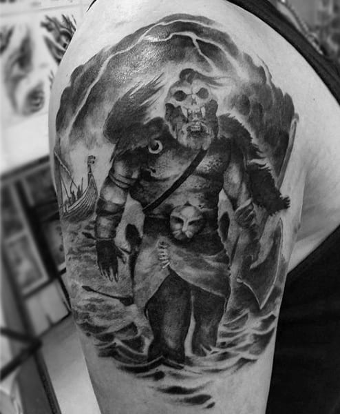 Skulled Warrior In The Ocean Tattoo Male Arms