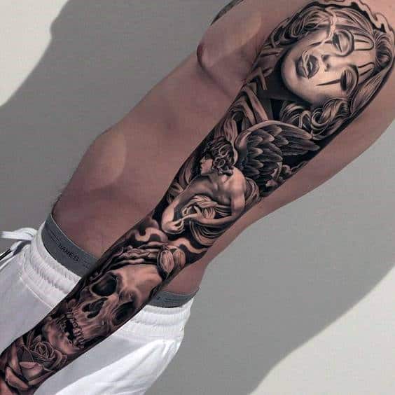 Skulls With Angel Chicano Shaded Black And Grey Male Tattoo Full Sleeves