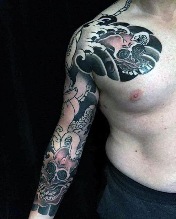 Skulls With Ocean Waves Awesome Guys Japanese Sleeve Tattoos