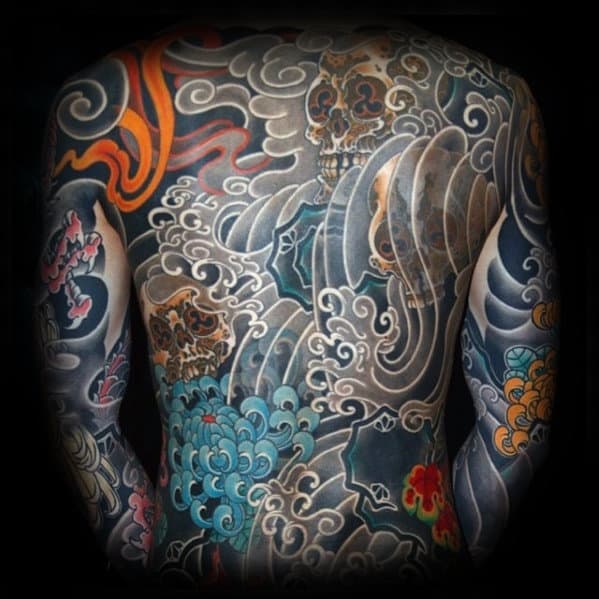 Skulls With Ocean Waves Male Japanese Full Back Tattoo