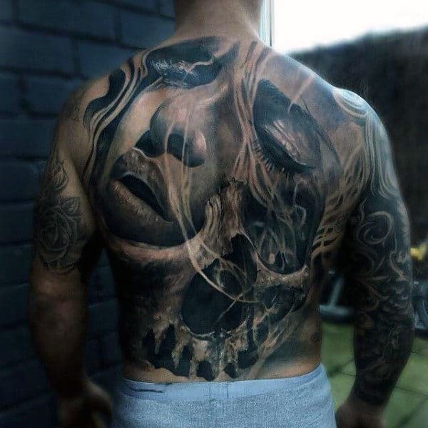 Skulls With Smoke Men's Tattoos On Back