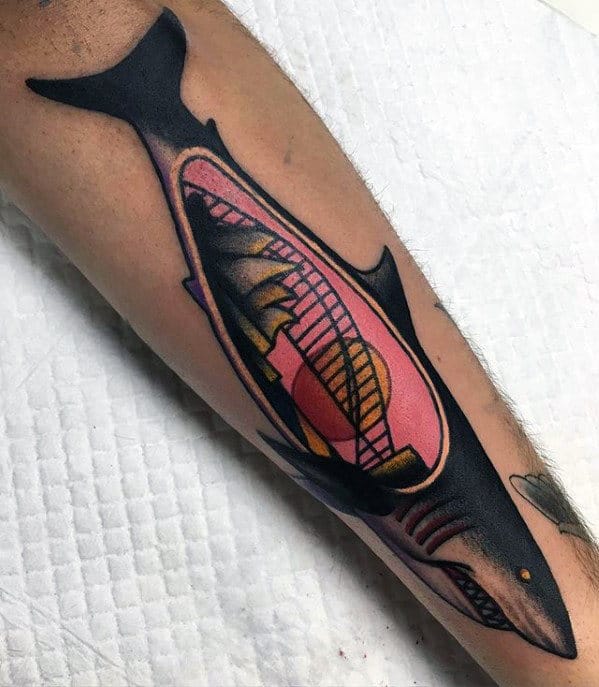 Skyline Shark Mens Traditional Forearm Tattoos