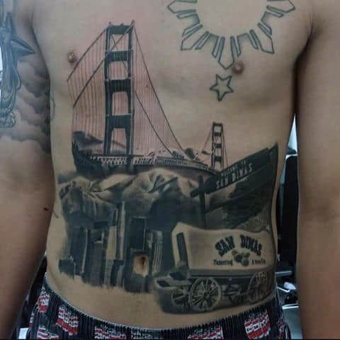 Skyline With Golden Gate Bridge Guys Stomach And Chest Tattoos