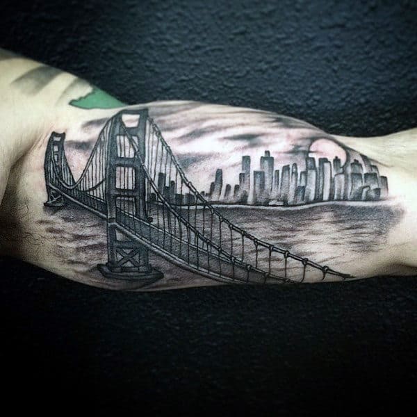Skyline With Golden Gate Bridge Mens Inner Arm Bicep Tattoos