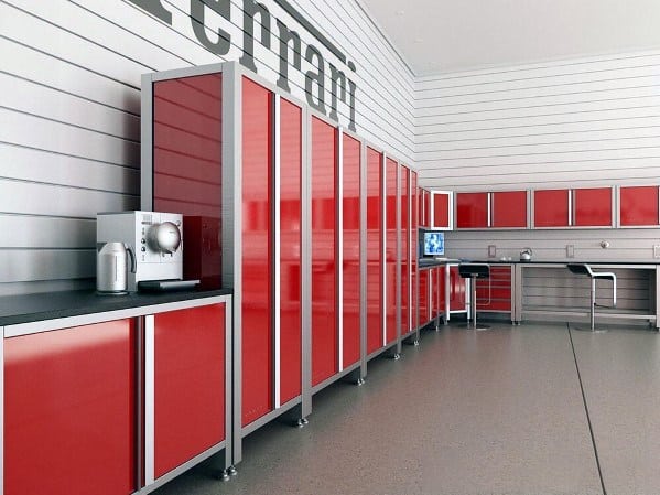 white shiplap garage wall red cabinets coffee machine 