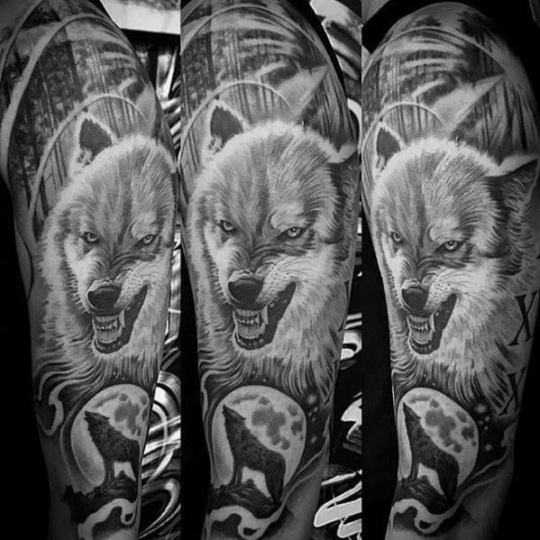 Sleeve Black And Grey Ink Sick Wolf Tattoo On Men.