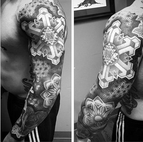 Sleeve Fine Line Sacred Geometry Tattoos For Males
