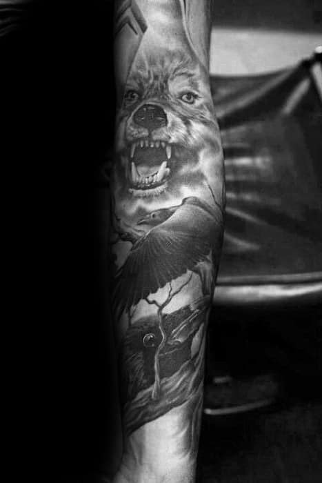 Sleeve Guys Black And Grey Ink Shaded Realistic Wolf Tattoo Designs
